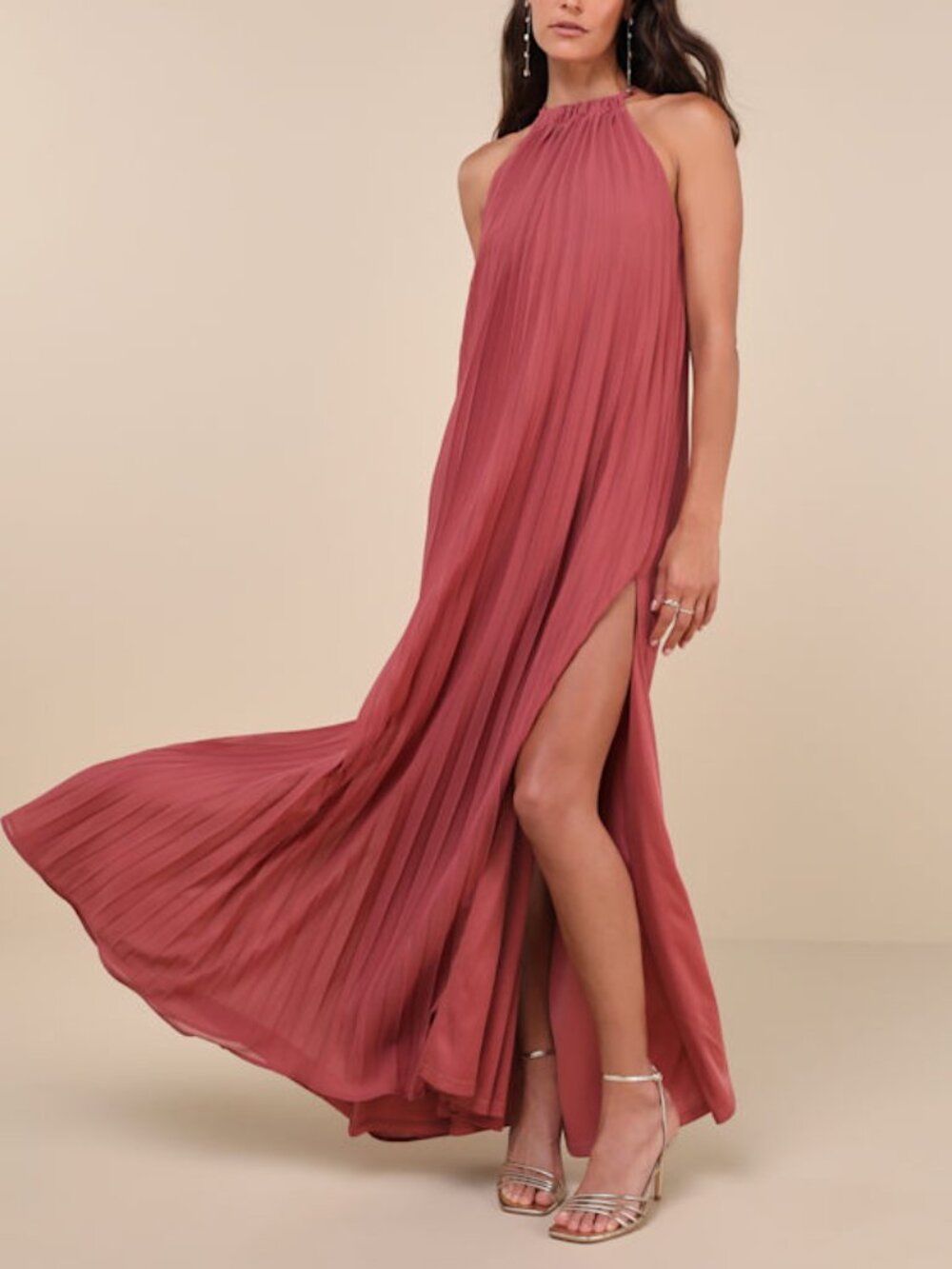 Lulus Exceptionally Elegant Rusty Rose Pleated Chiffon Maxi Dress Pink - Size M